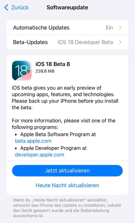 靖西苹果手机维修分享苹果 iOS / iPadOS 18 开发者预览版 Beta 8 发布 